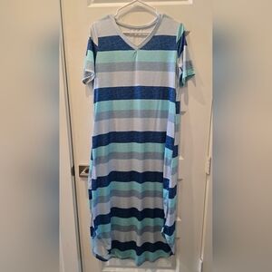 Striped Blue and Gray Short Sleeve Dress